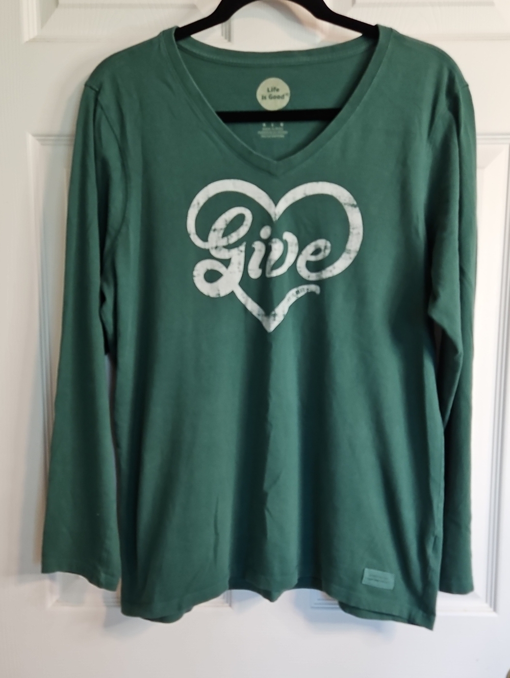 Life Is Good Forest Green 'Give' Heart V-Neck Long Sleeve Tee
